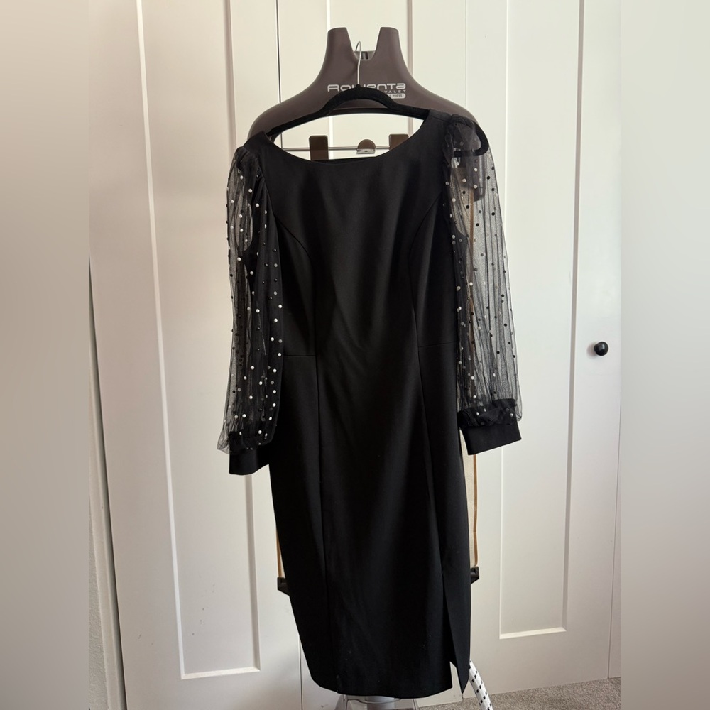 Eliza J Black Dress w/ Sheer Polka Dot Mesh Sleeves Size 8